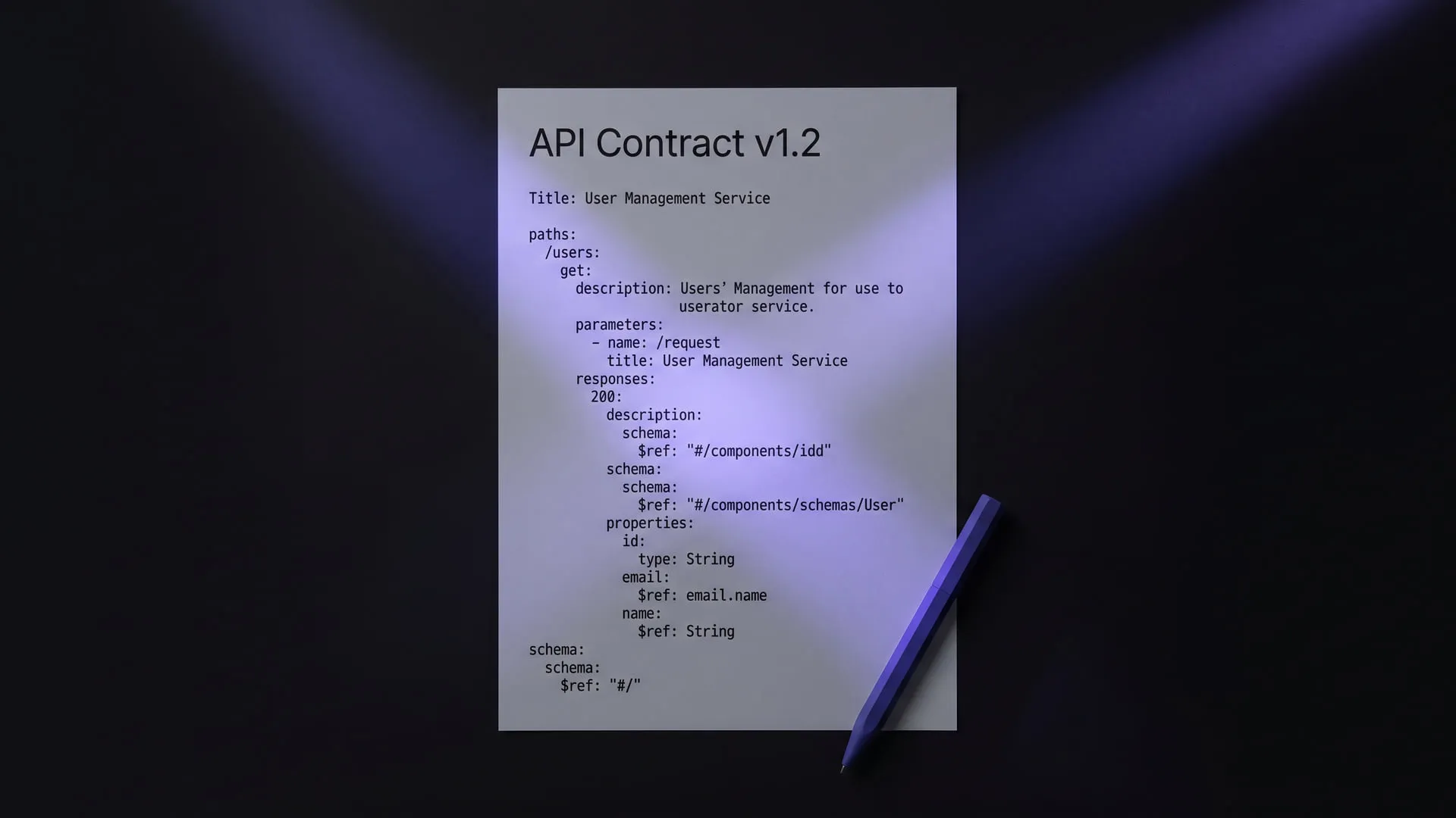 Cover — a sheet under crossing violet beams headed API Contract v1.2, listing the /users path and $ref: "#/components/schemas/User", a violet pen at its corner