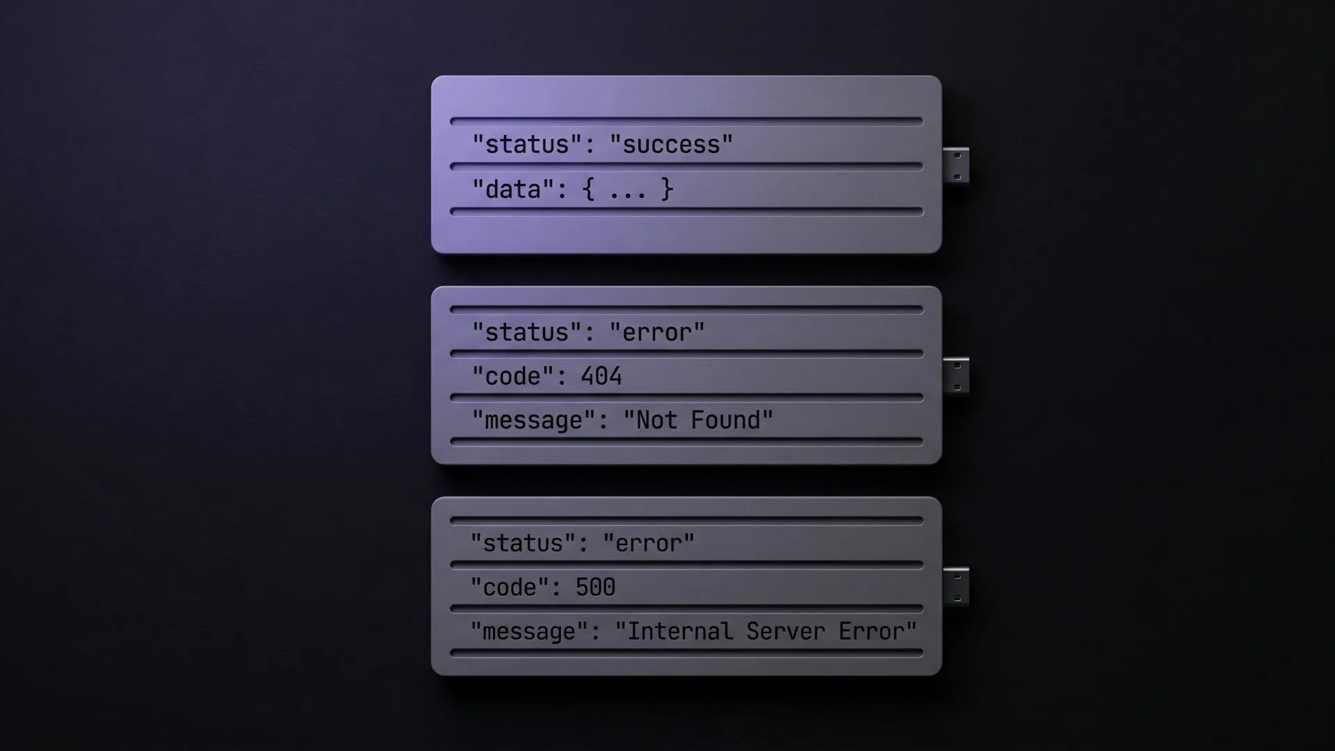 Cover — three metal cartridges on a dark wall engraved status success with data { ... }, then code 404 Not Found and code 500 Internal Server Error