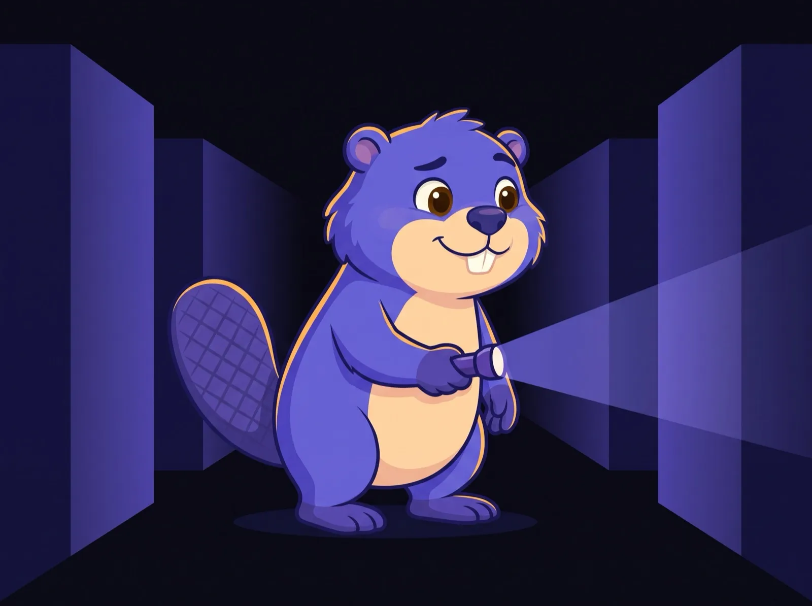 Tan searching for a bug inside a dark system with a flashlight in hand