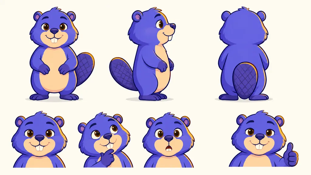 Tan’s character sheet: front, side, and back views along with happy, curious/thoughtful, surprised, and approving expressions