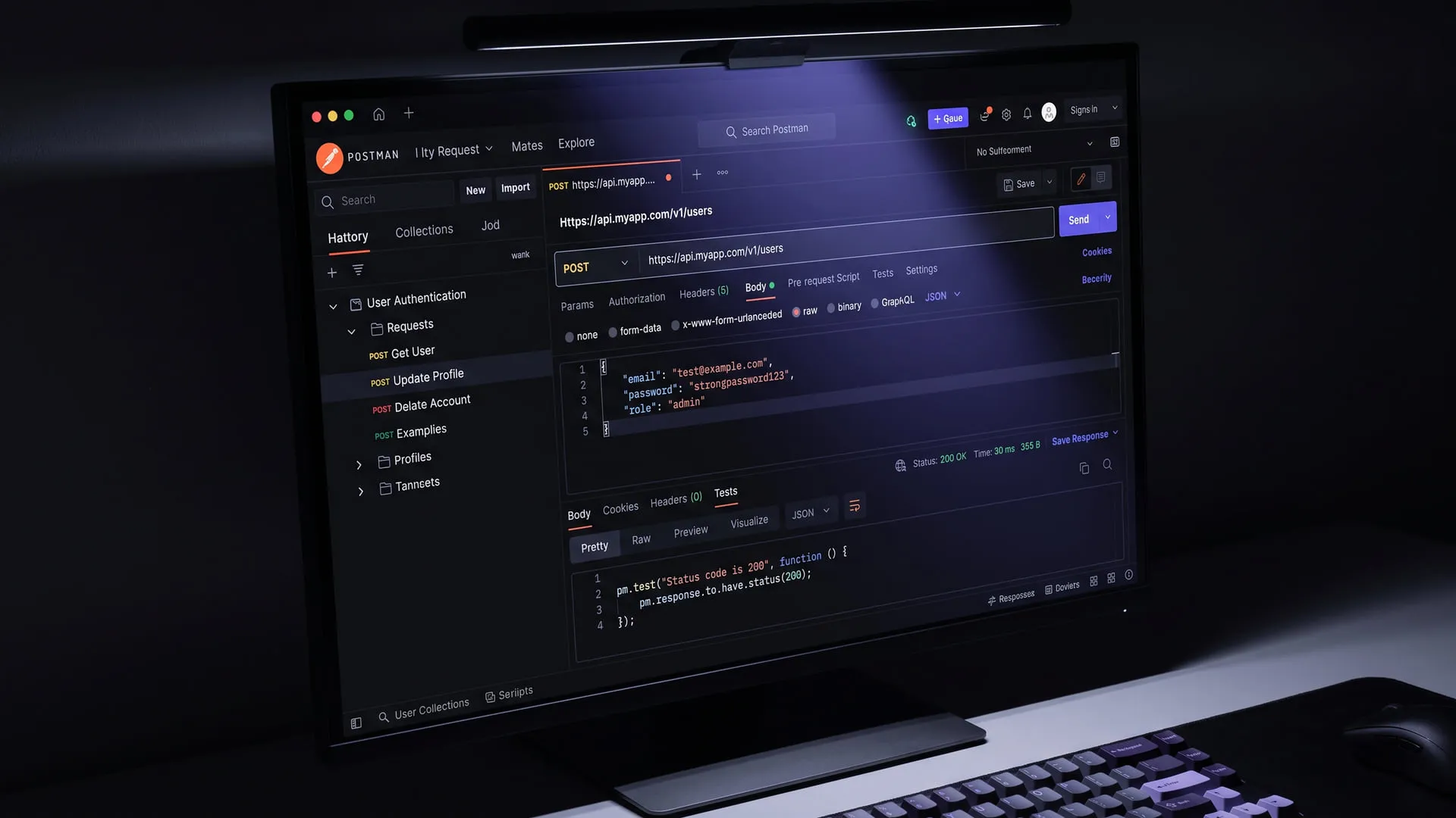 Cover — the Postman interface on a monitor with a POST to https://api.myapp.com/v1/users, a JSON body carrying email and role, and Status: 200 OK beneath it