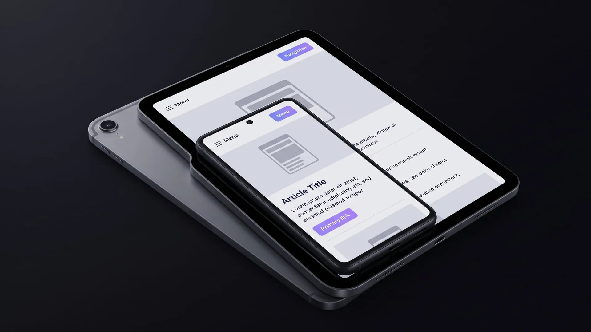 Cover — a phone resting on a tablet against a dark ground, both showing the same wireframe page with Menu, Article Title and a violet Primary link button