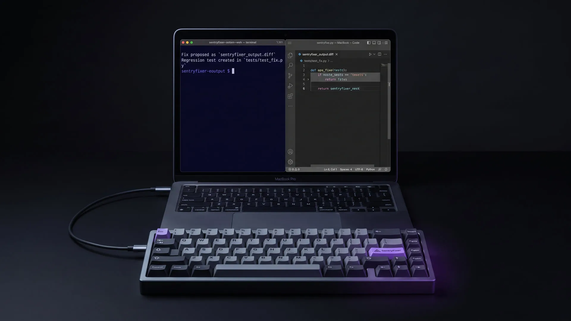 Cover — a terminal reading 'Fix proposed as sentryfixer_output.diff' and 'Regression test created in tests/test_fix.py', the diff open beside it, a violet SentryFixer keycap