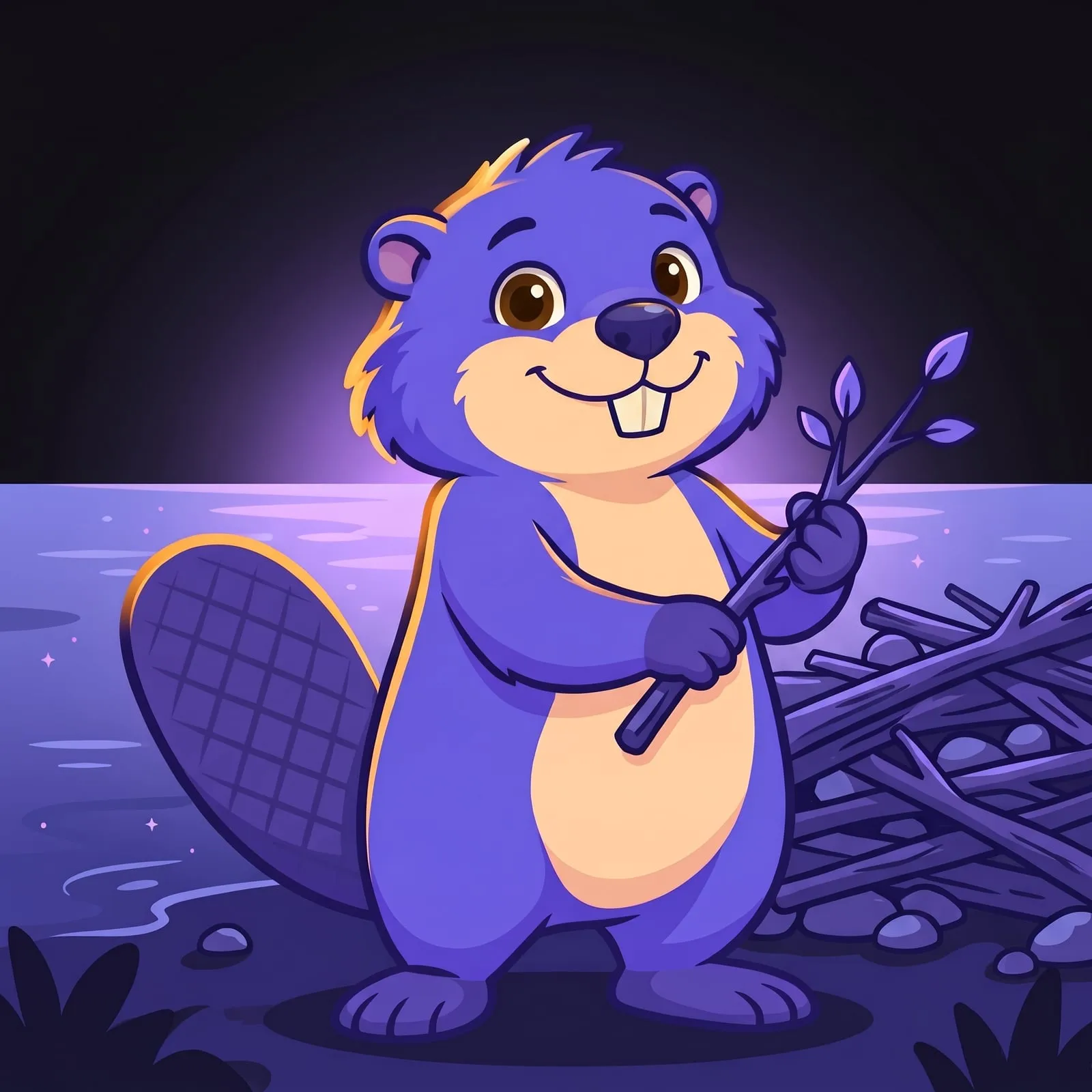 Tan stands at a night-time waterside holding a leafy branch, with a pile of branches behind