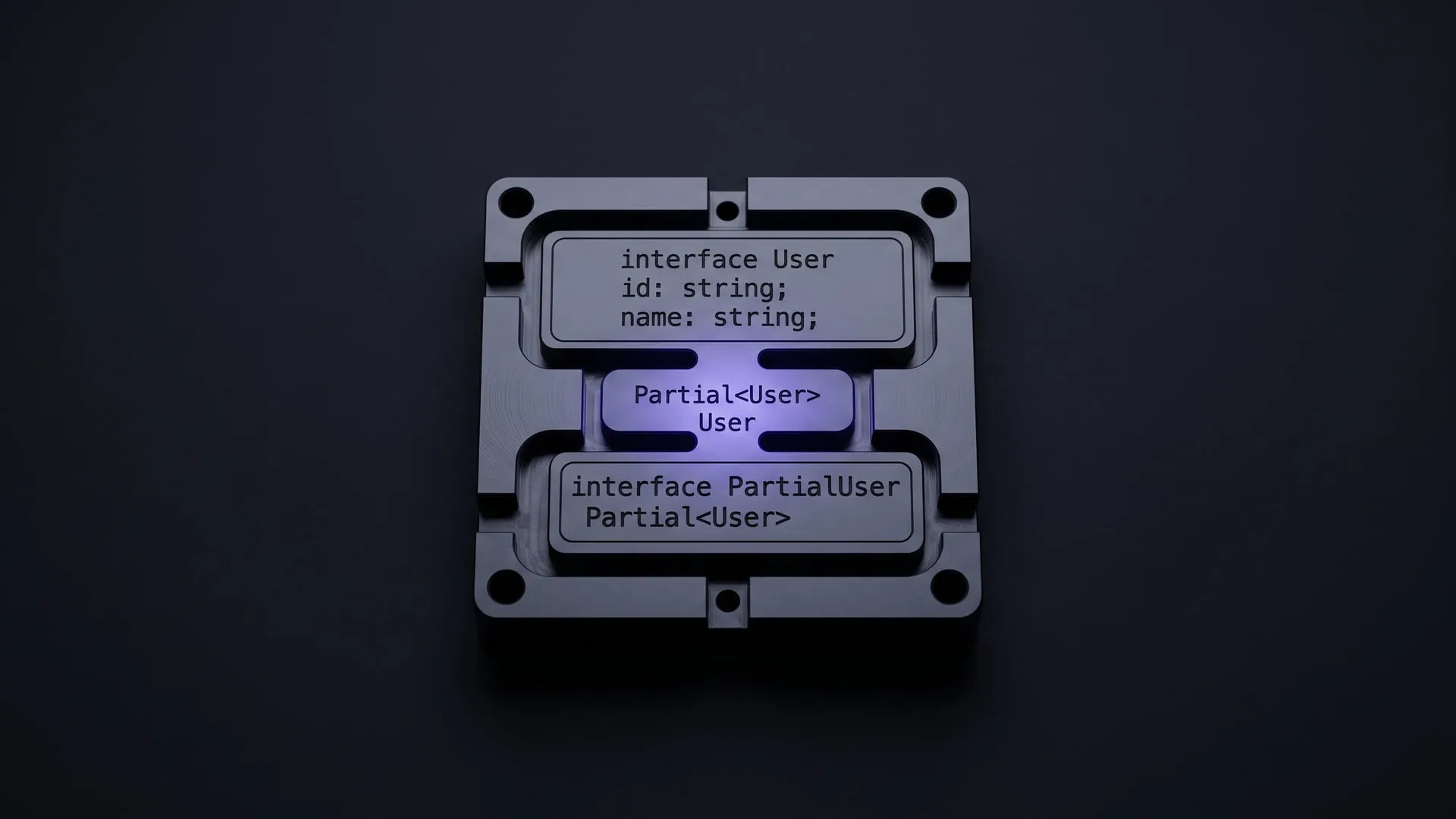 Cover — a metal die block: interface User with id: string on top, a violet-lit Partial<User> insert in the middle and interface PartialUser below