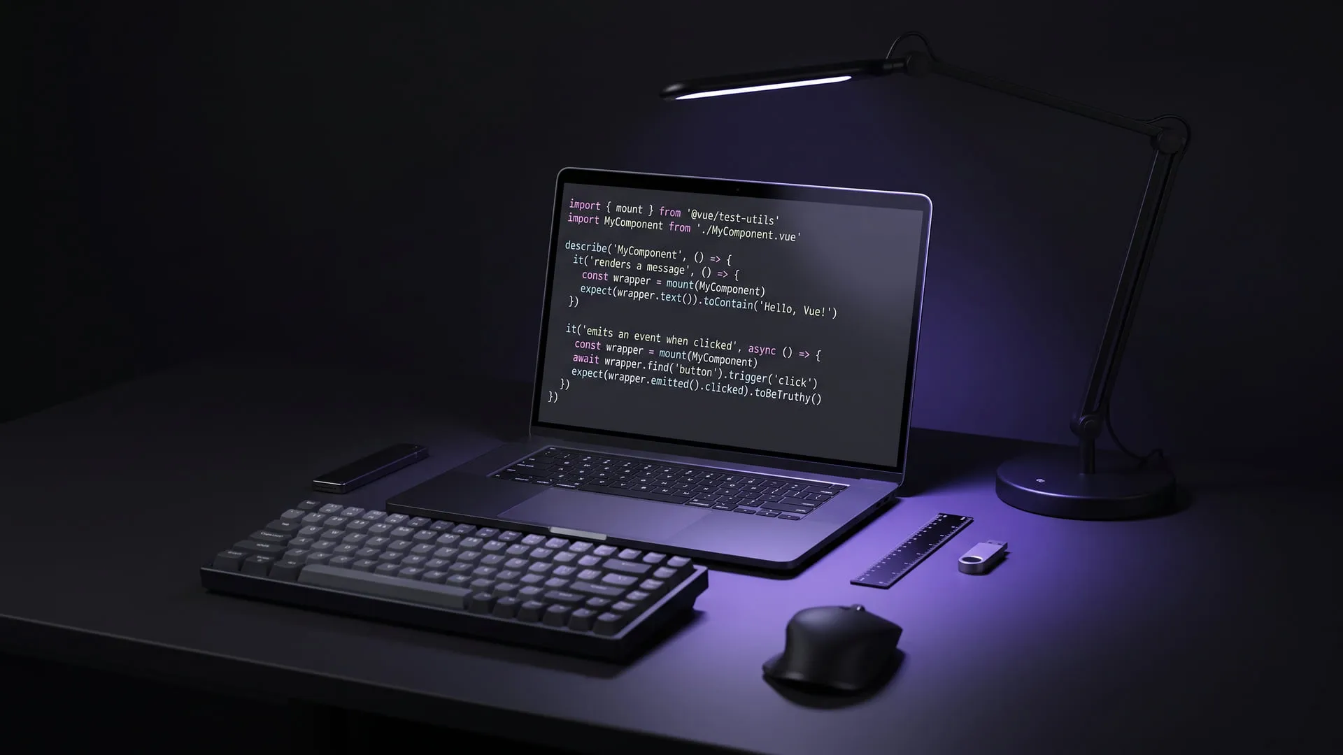 Cover — a laptop on a violet-lit desk, its screen showing a Vue test that mounts MyComponent and expects text toContain('Hello, Vue!')