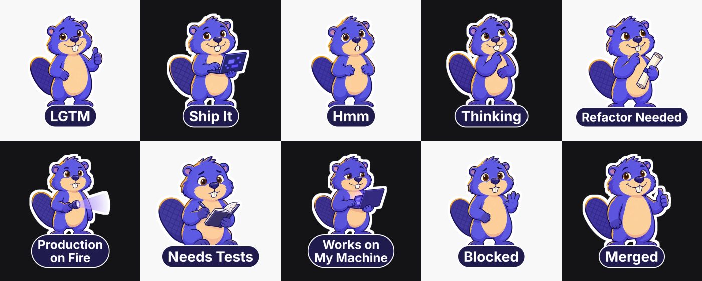 Preview of the sticker set: ten Tan poses labelled LGTM, Ship It, Hmm, Thinking, Refactor Needed, Production on Fire, Needs Tests, Works on My Machine, Blocked and Merged.