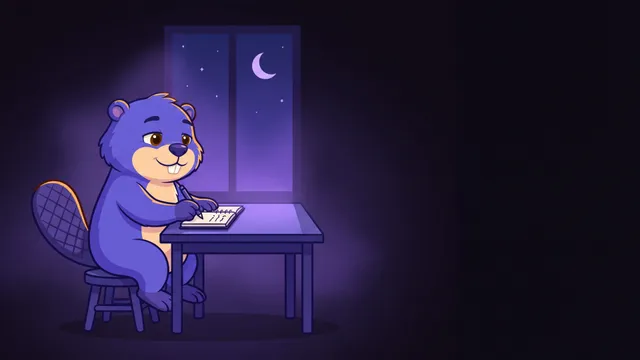 Tan taking notes at a desk at night, a moon in the window behind the desk.